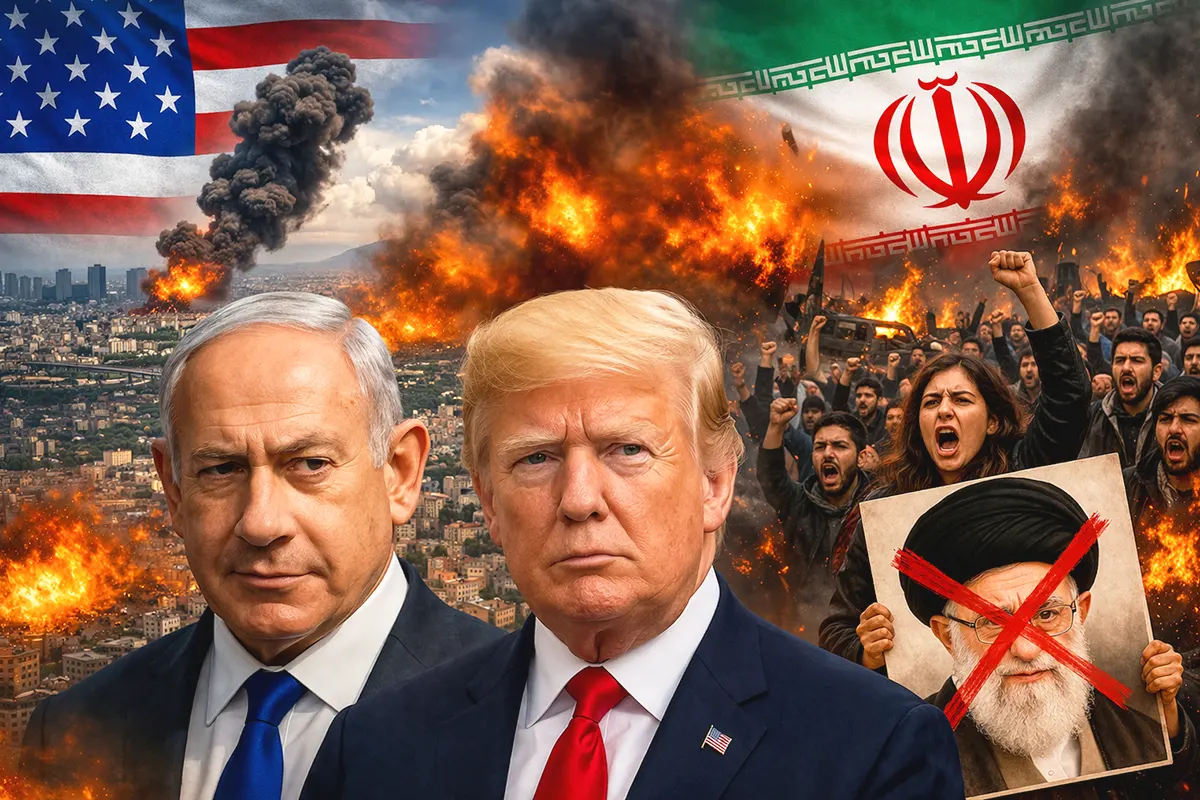in the foreground images depicting Netanyahu and Trump, in the background US and Iranian flags with depictions of bombings and protests in Iran against the ayatollahs' regime