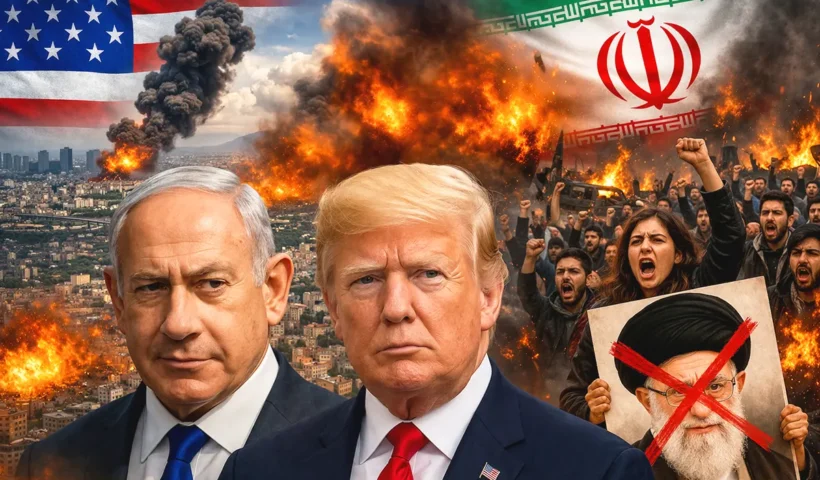 en primer plano imágenes representando a Netanyahu y Trump, de fondo las banderas de EE. UU. e Irán junto a representaciones de bombardeos y de protestas en Irán contra el régimen de los ayatolás