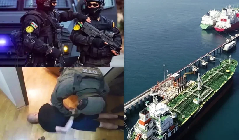 imagen de miembros de las fuerzas de seguridad de Azerbaiyán junto a otra de la detención de un sospechoso y junto a otra del puerto turco de Ceyhan