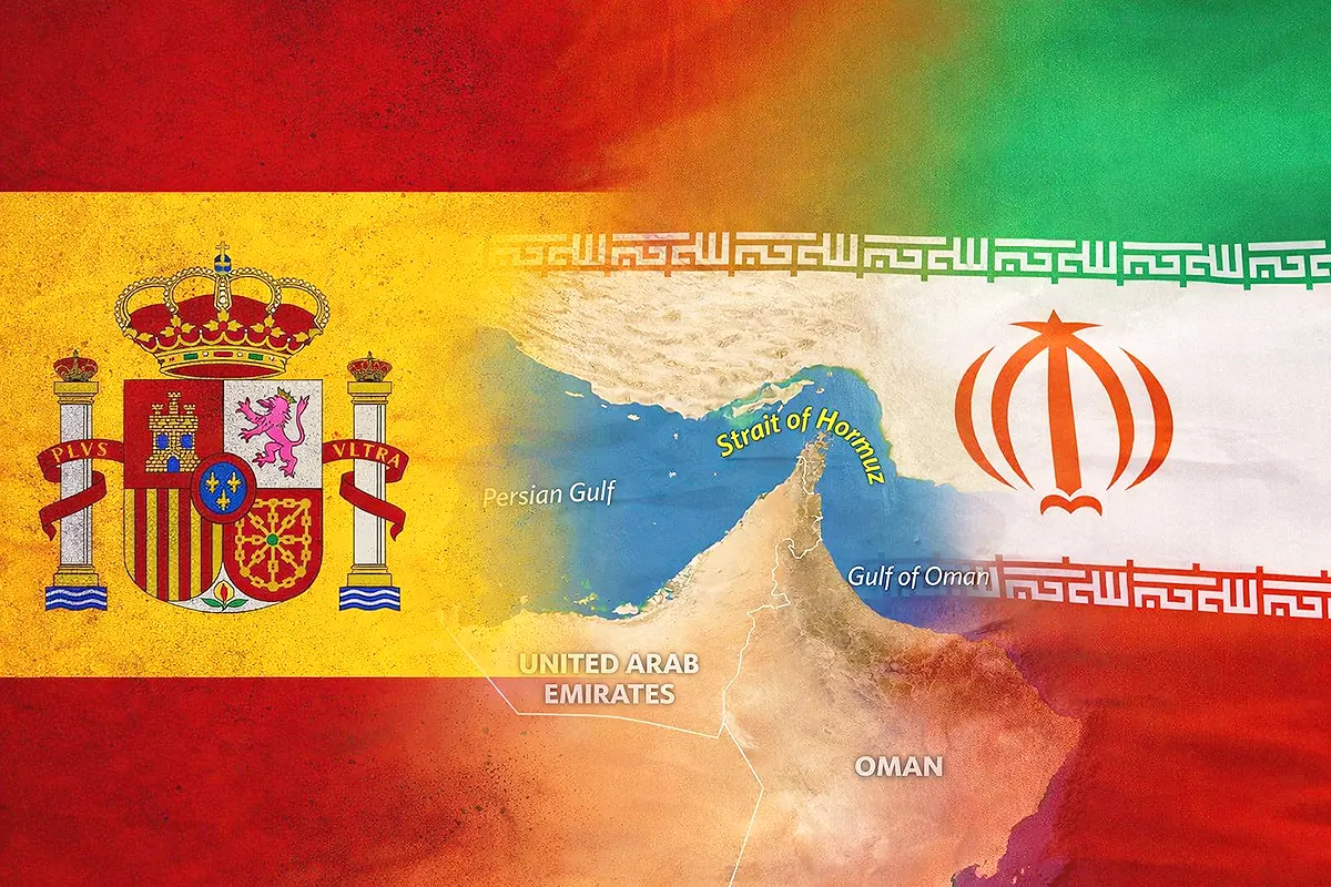 The flags of Spain on the left and Iran on the right, and in the middle the image of the map of the Strait of Hormuz