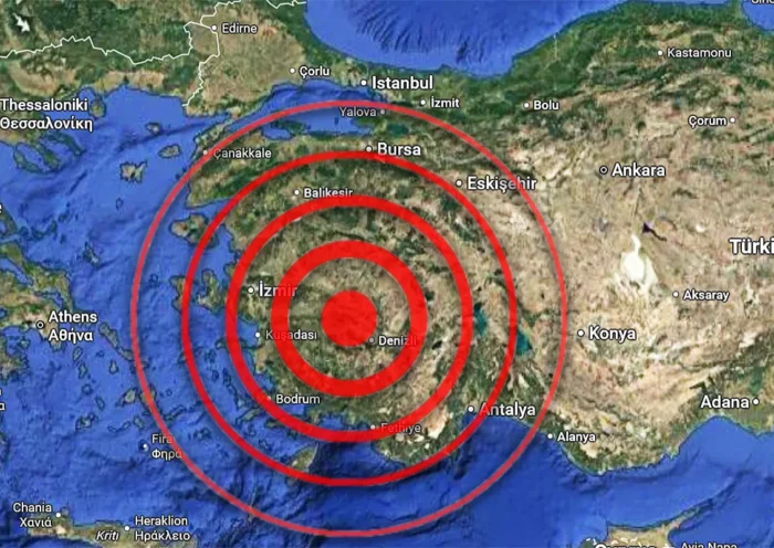 un mapa de Turquía y la región del Egeo con ondas sísmicas de un terremoto saliendo del oeste de Anatolia