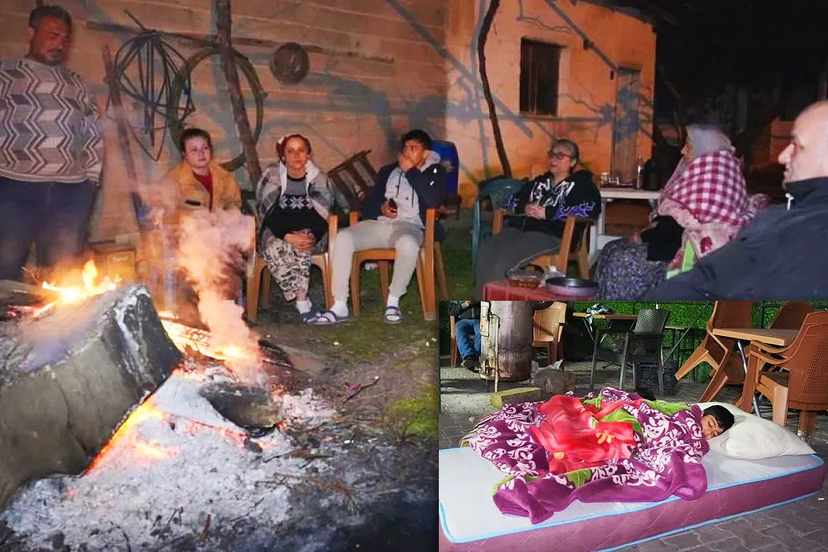 imágenes de vecinos del distrito turco de Buldan durmiendo en colchones improvisados o reunidos en torno a hogueras ante el miedo a las réplicas tras el terremoto