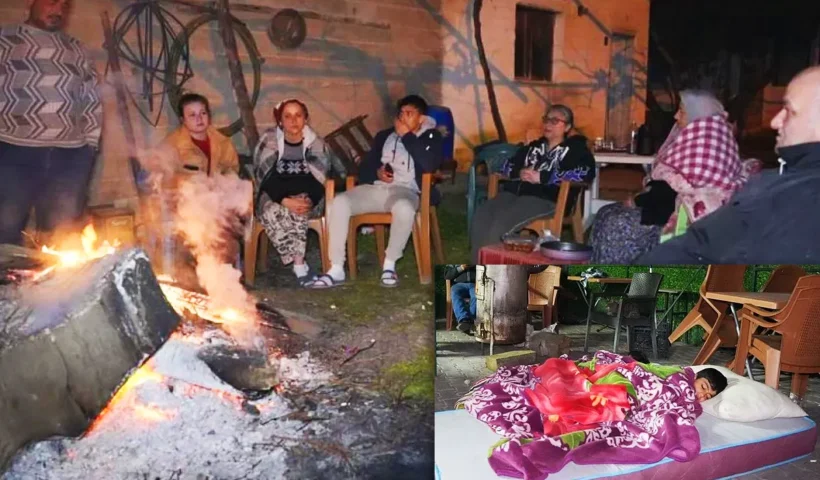 images of residents of the Turkish district of Buldan sleeping on makeshift mattresses or gathered around bonfires in fear of aftershocks after the earthquake