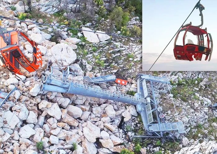 A cable car pylon and a cabin lie broken on the ground; in the top right-hand corner is an image of a cable car cabin suspended in mid-air and broken