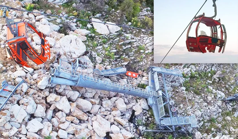 A cable car pylon and a cabin lie broken on the ground; in the top right-hand corner is an image of a cable car cabin suspended in mid-air and broken