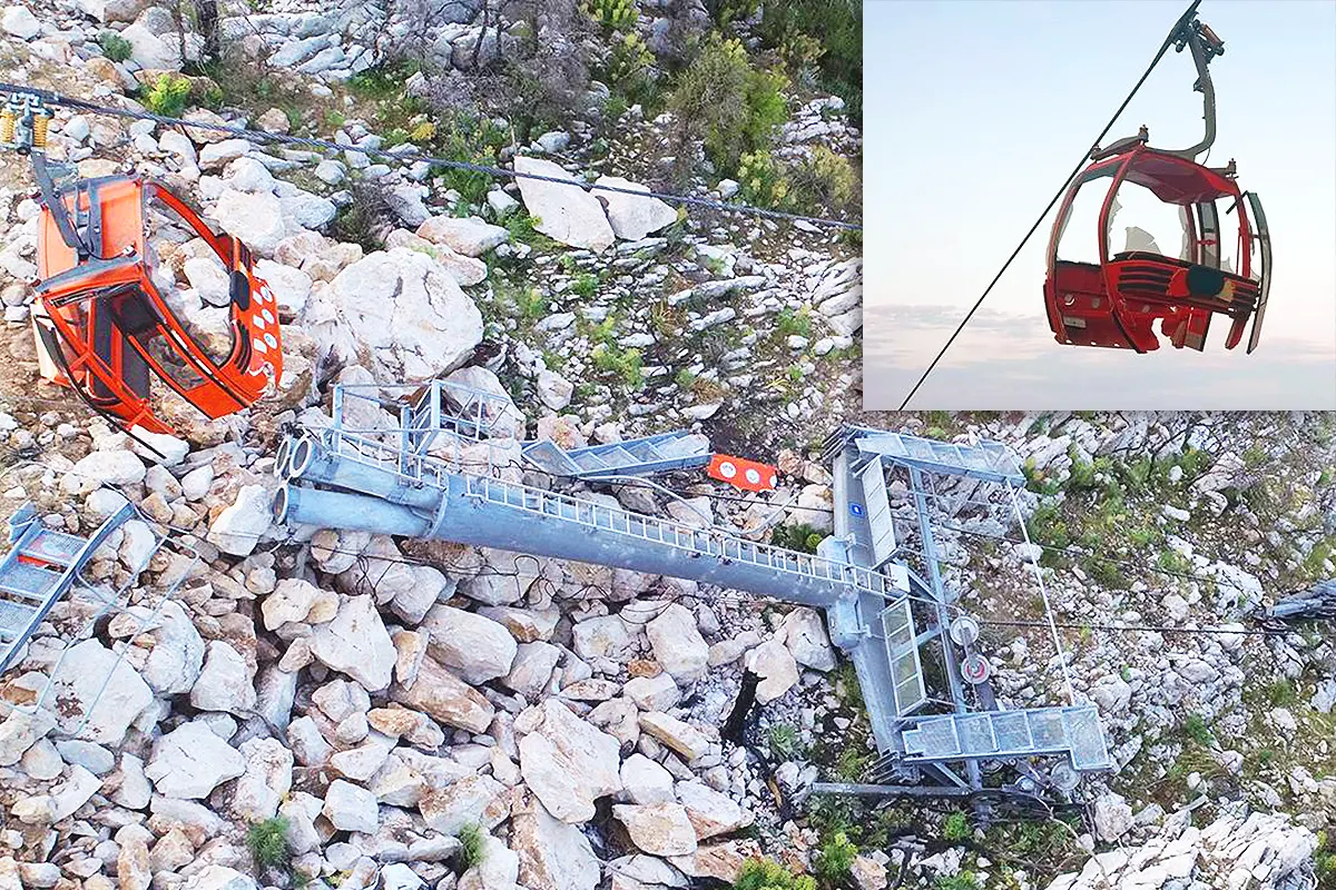 A cable car pylon and a cabin lie broken on the ground; in the top right-hand corner is an image of a cable car cabin suspended in mid-air and broken
