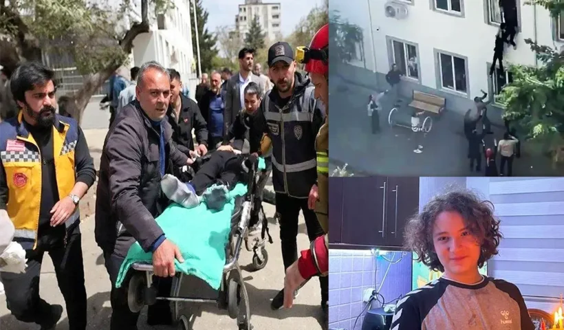 Several people carry a gunshot victim away on a stretcher; on the right are images of students jumping out of a window and the shooter in Kahramanmaraş