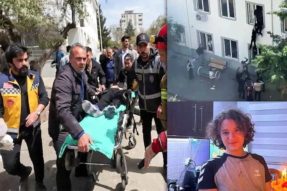 varias personas sacan en camilla a un herido de bala; a la derecha se muestran imágenes de alumnos saltando por la ventana y del autor del tiroteo en Kahramanmaraş