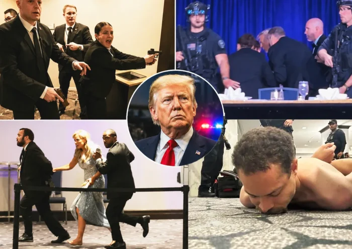 varias escenas del ataque armado durante una gala en Washington DC con la imagen de Trump en medio