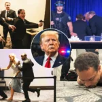 several scenes of the armed attack during a gala in Washington DC, with an image of Trump in the middle