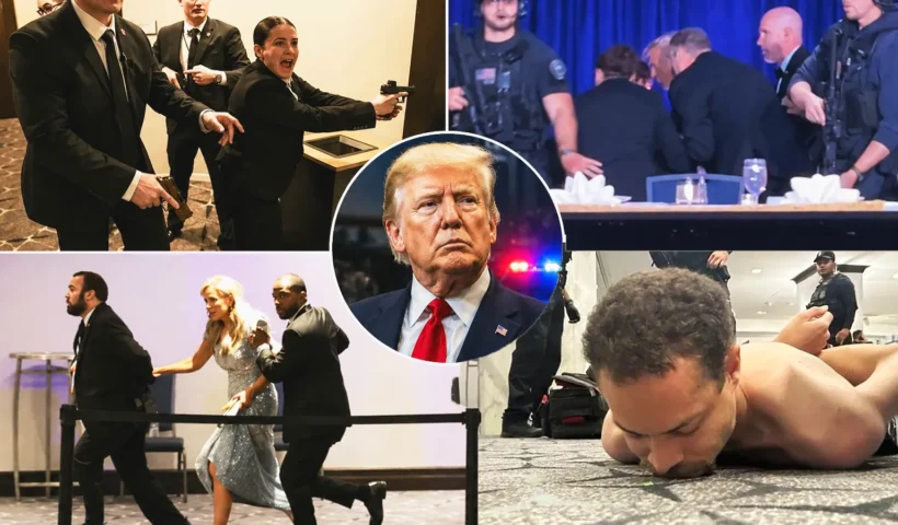 several scenes of the armed attack during a gala in Washington DC, with an image of Trump in the middle