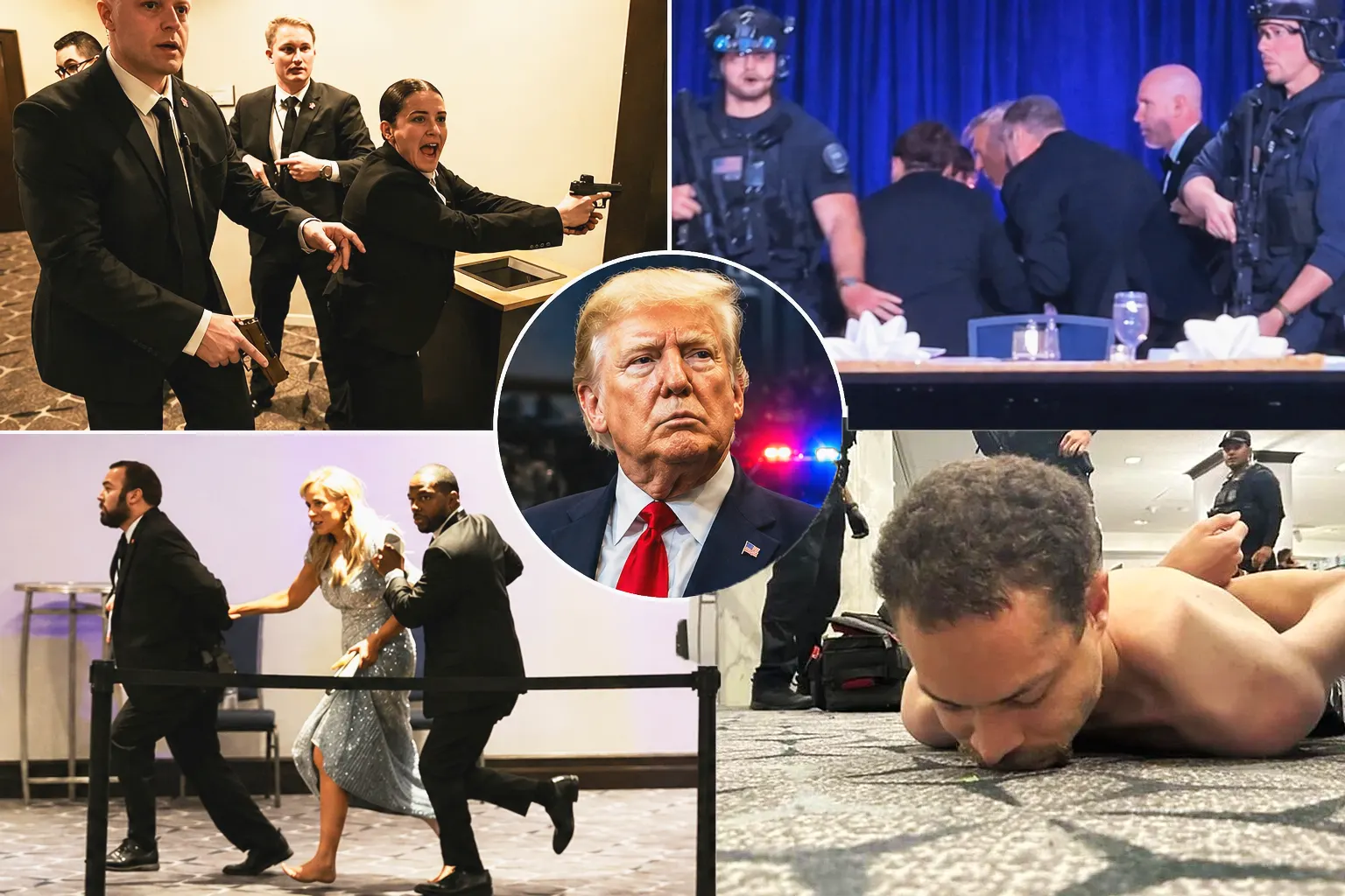 several scenes of the armed attack during a gala in Washington DC, with an image of Trump in the middle