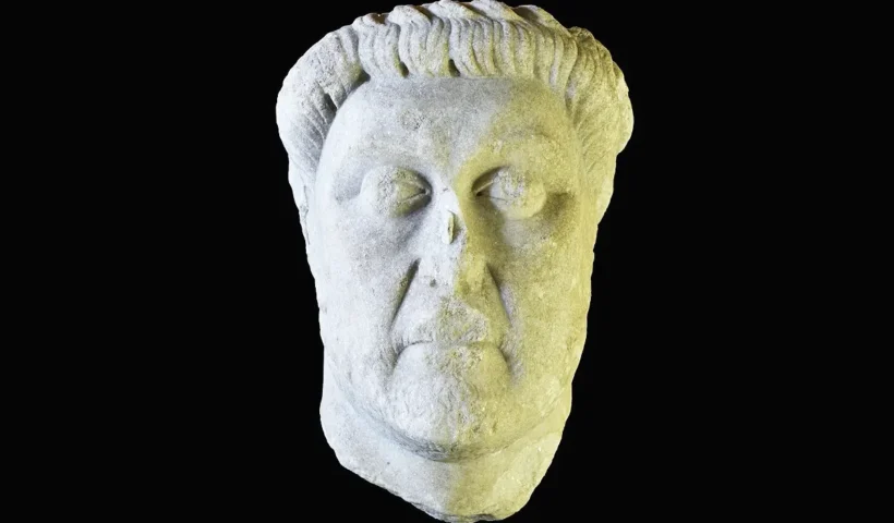 una cabeza de mármol romana datada en el siglo V después de Cristo, representando el rostro de un hombre que ostentaba una posición de autoridad