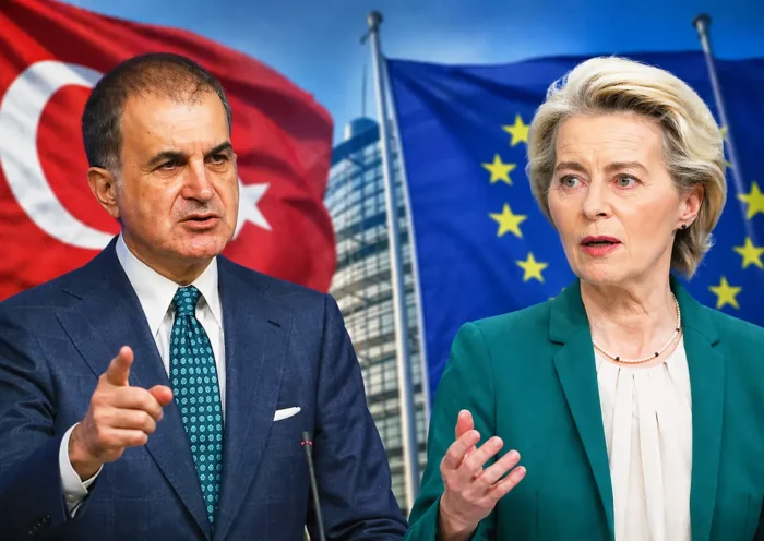 Ömer Çelik, spokesperson for Turkey's AKP party, alongside European Commission President Ursula von der Leyen; the flags of Turkey and the EU are visible in the background