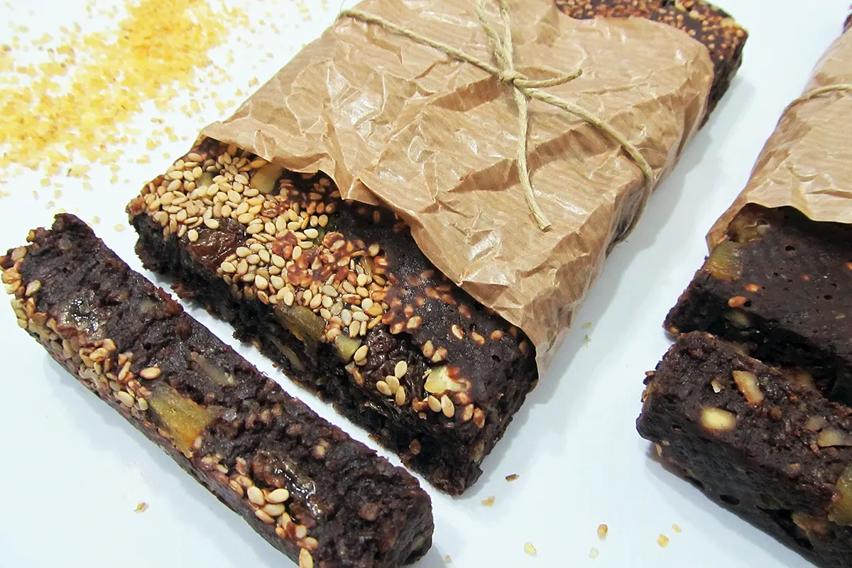 a broken piece of chocolate nougat with bulgur