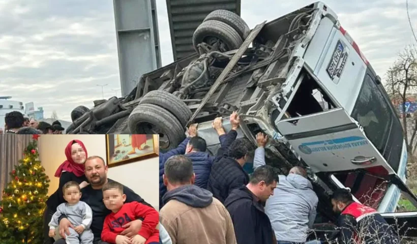 A photo of an overturned bus next to a bridge pillar, surrounded by people; in the lower left corner, the driver is pictured with his wife and two young children next to a Christmas tree