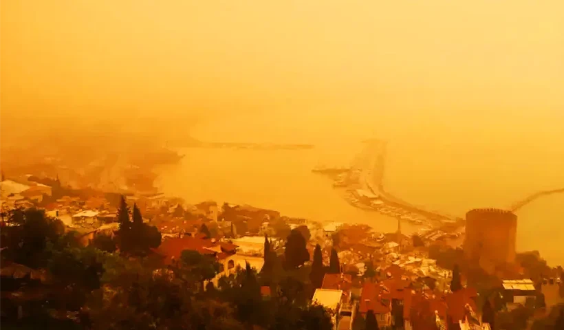 A bird's-eye view of Alanya Harbour in Antalya, with the air completely shrouded in an orange haze due to a dust storm