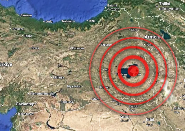 a map of eastern Turkey and the countries in the region, showing seismic waves emanating from the area around Lake Van
