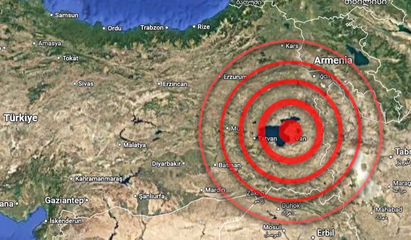 a map of eastern Turkey and the countries in the region, showing seismic waves emanating from the area around Lake Van