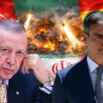 a la izquierda Erdoğan, a la derecha Pedro Sánchez, y de fondo las banderas de Turquía, España e Irán con una imagen de explosiones y misiles siendo lanzados