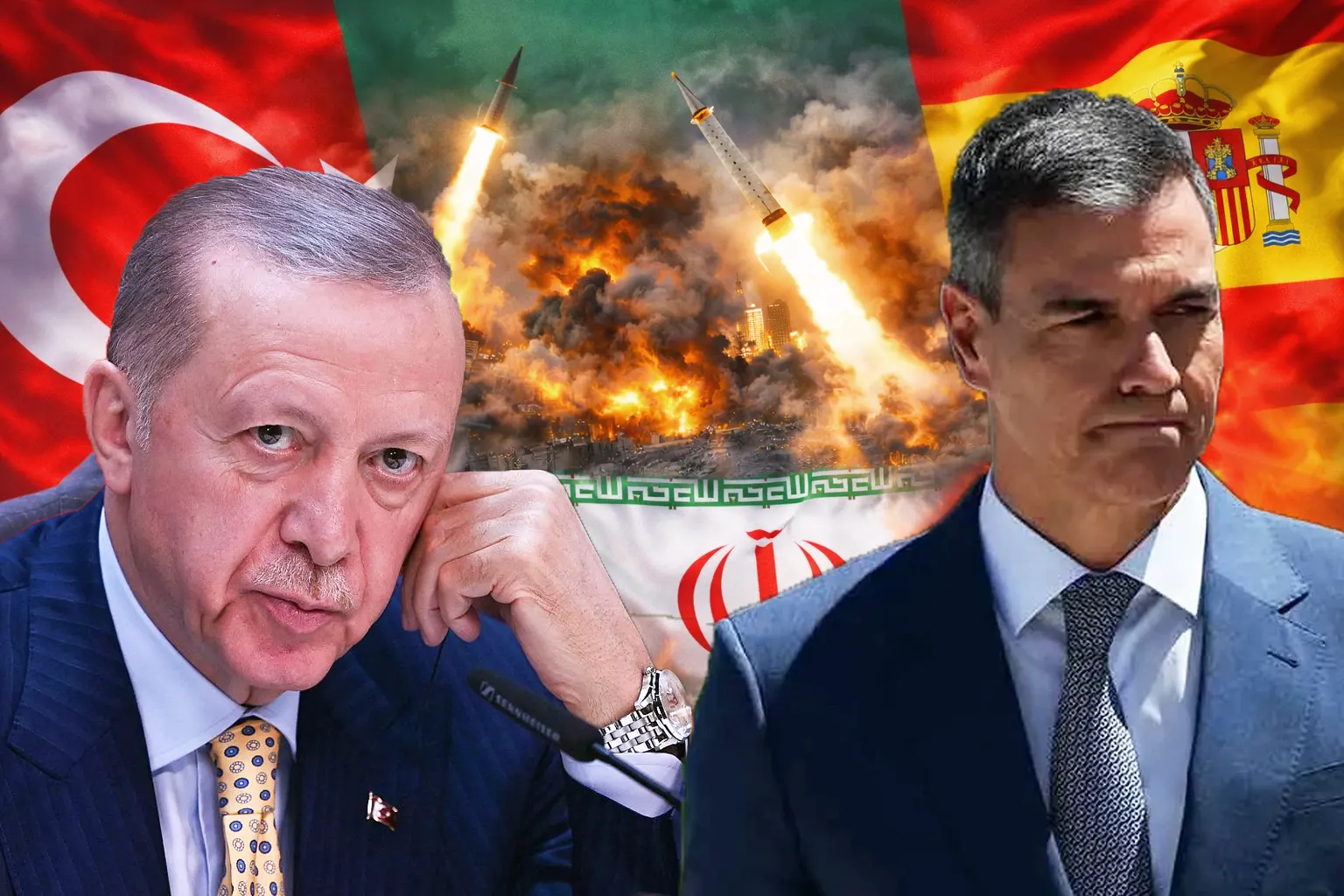 a la izquierda Erdoğan, a la derecha Pedro Sánchez, y de fondo las banderas de Turquía, España e Irán con una imagen de explosiones y misiles siendo lanzados