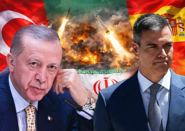On the left is Erdoğan, on the right is Pedro Sánchez, and in the background are the flags of Turkey, Spain, and Iran, along with an image of explosions and missiles being launched