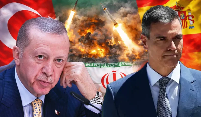 On the left is Erdoğan, on the right is Pedro Sánchez, and in the background are the flags of Turkey, Spain, and Iran, along with an image of explosions and missiles being launched