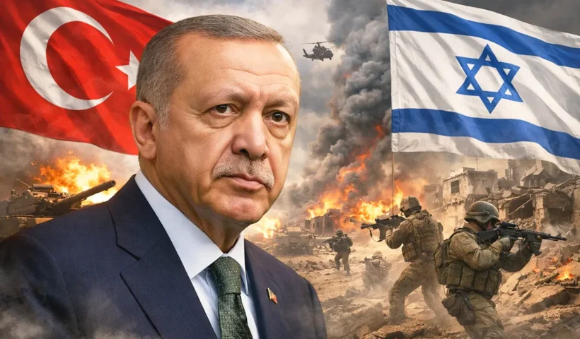 Erdoğan stands next to the flags of Turkey and Israel amid a war scene