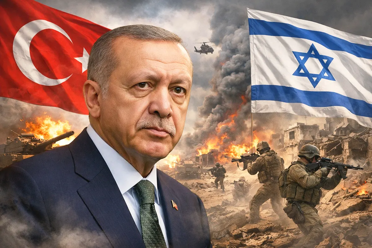 Erdoğan junto a una bandera de Turquía e Israel en medio de una escena bélica