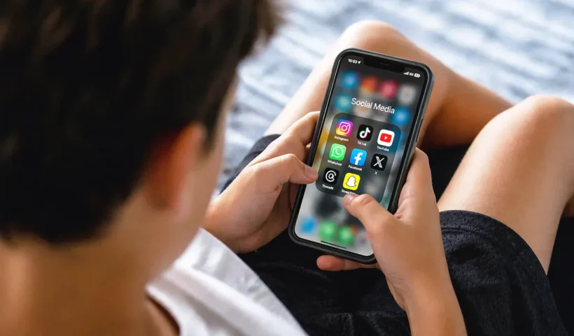 A child sits looking at a mobile phone screen displaying various social media icons