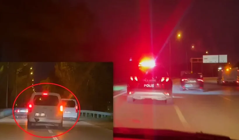 A front-facing dashcam image showing a Turkish police car in traffic with its lights on; in the corner, a fleeing van is circled