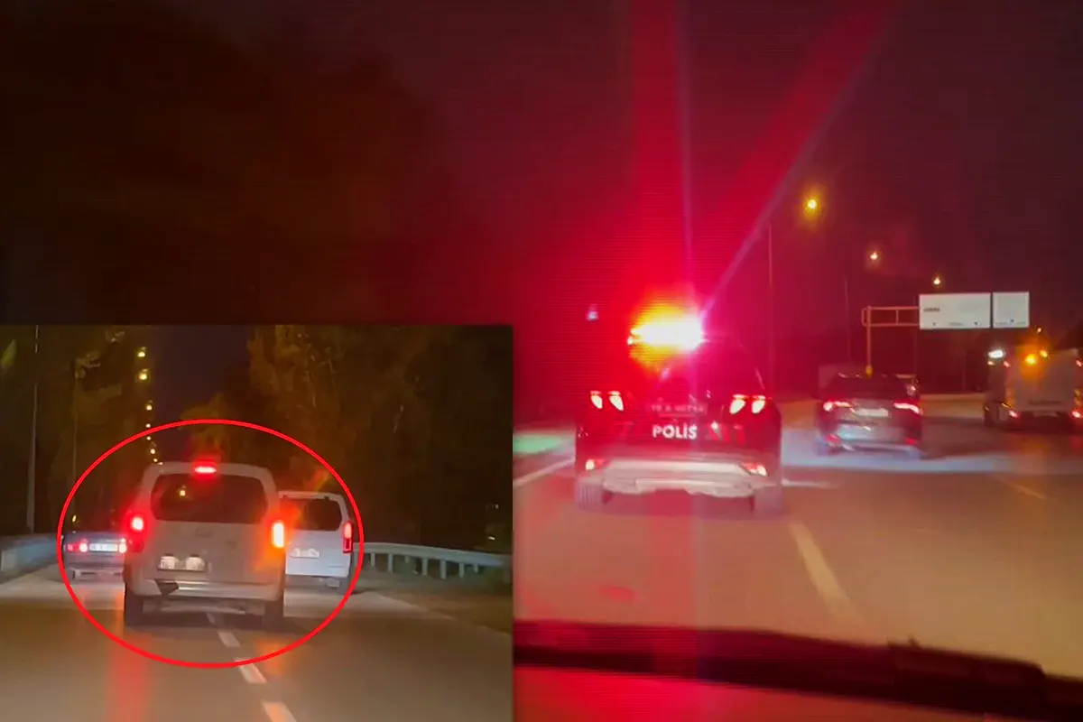 A front-facing dashcam image showing a Turkish police car in traffic with its lights on; in the corner, a fleeing van is circled