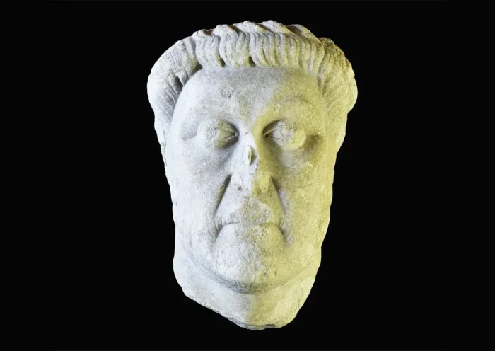 a Roman marble head dating from the 5th century AD, depicting the face of a man who held a position of authority