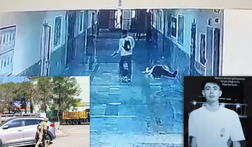 A security camera image showing an armed young man in a school corridor next to a body lying on the floor; images of the security forces and the attacker are shown on either side