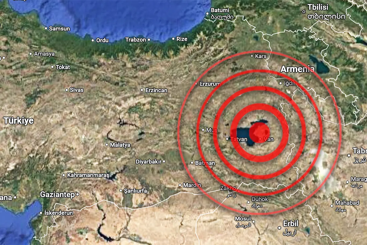un mapa del este de Turquía y los países de la región con ondas sísmicas saliendo del entorno del lago Van