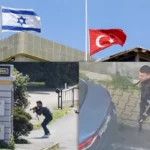 A photo of the Israeli consulate in Istanbul, with the Israeli flag flying alongside the Turkish flag; below are two photos of armed terrorists during the attack on the consulate