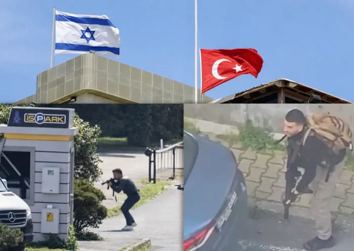 A photo of the Israeli consulate in Istanbul, with the Israeli flag flying alongside the Turkish flag; below are two photos of armed terrorists during the attack on the consulate