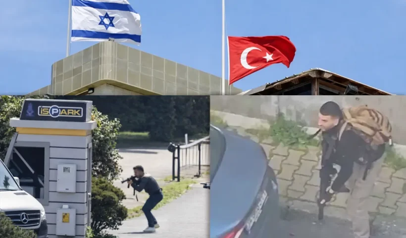 A photo of the Israeli consulate in Istanbul, with the Israeli flag flying alongside the Turkish flag; below are two photos of armed terrorists during the attack on the consulate