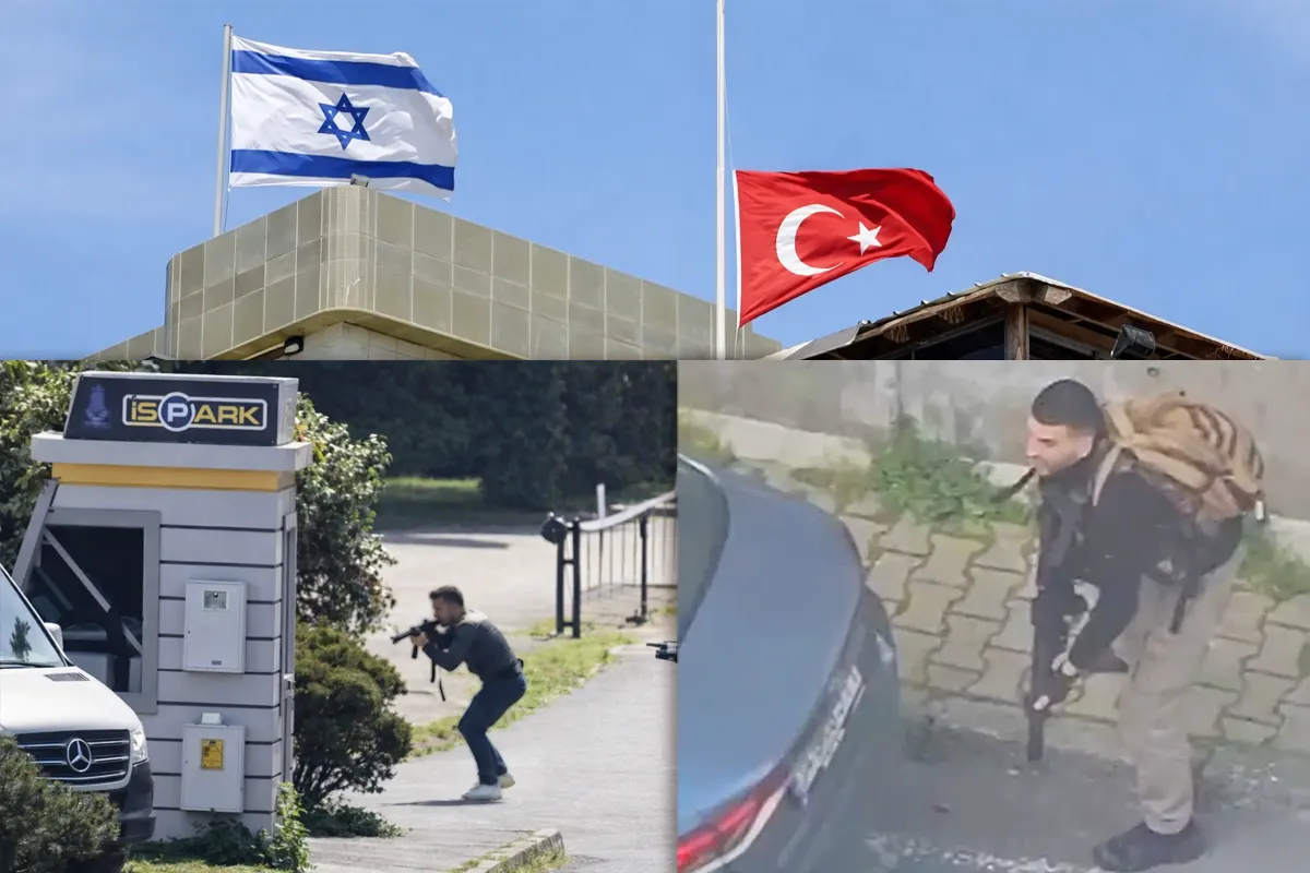 A photo of the Israeli consulate in Istanbul, with the Israeli flag flying alongside the Turkish flag; below are two photos of armed terrorists during the attack on the consulate