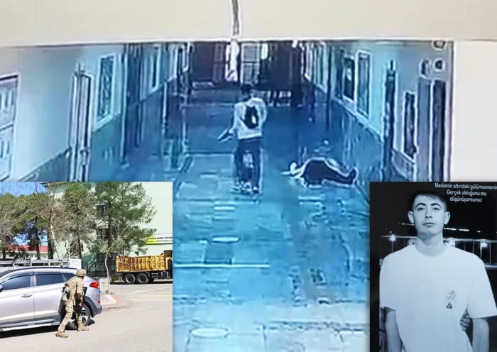 imagen de una cámara de seguridad de un joven armado en el pasillo de un instituto junto a un cuerpo tendido en el suelo; a los lados se muestran imágenes de las fuerzas de seguridad y del atacante