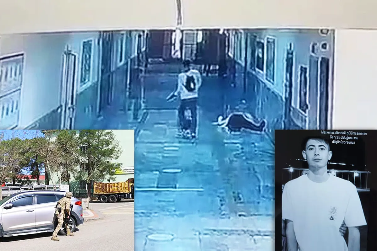 imagen de una cámara de seguridad de un joven armado en el pasillo de un instituto junto a un cuerpo tendido en el suelo; a los lados se muestran imágenes de las fuerzas de seguridad y del atacante