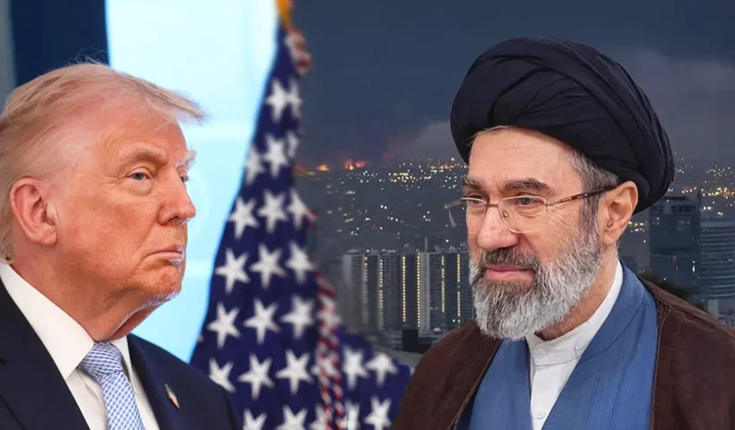 a la izquierda el presidente Trump junto a la bandera de EE. UU.; a la derecha el nuevo líder supremo de Irán con la imagen de fondo de bombardeos sobre Teherán