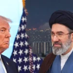 On the left, President Trump stands next to the U.S. flag; on the right, Iran’s new supreme leader is pictured against a backdrop of airstrikes on Tehran.