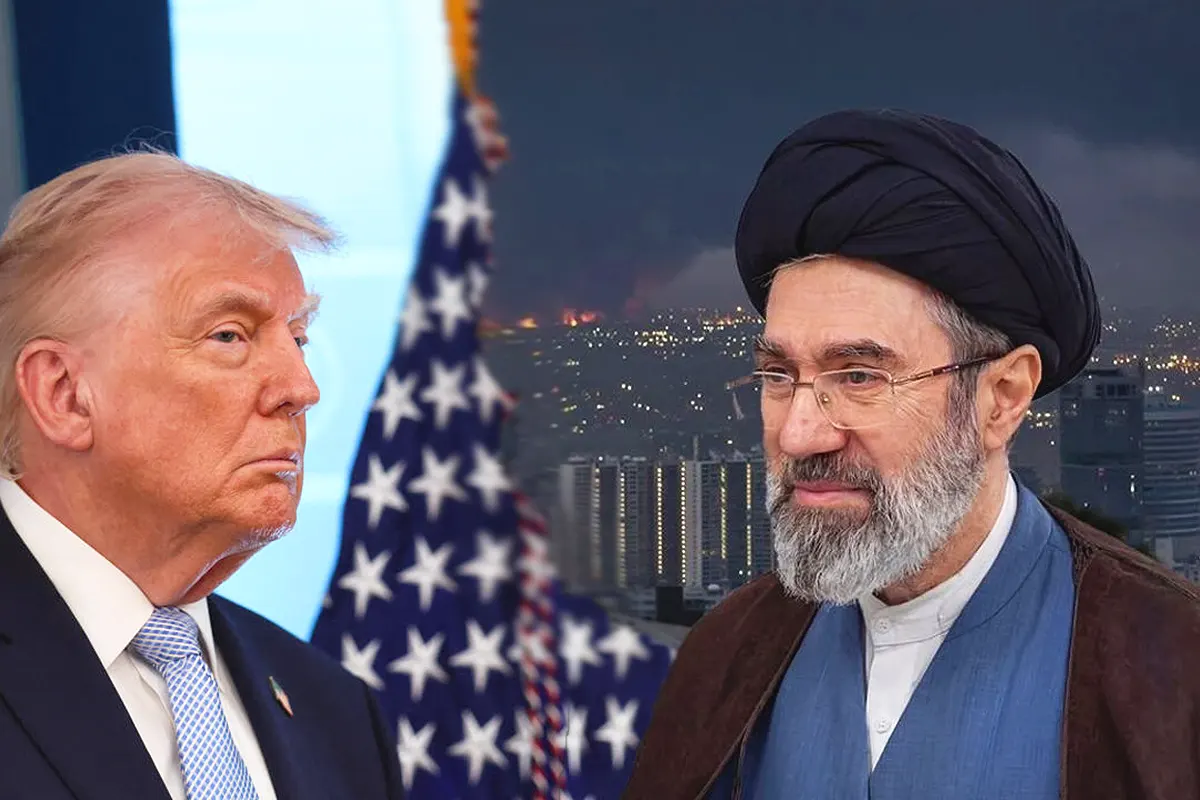 On the left, President Trump stands next to the U.S. flag; on the right, Iran’s new supreme leader is pictured against a backdrop of airstrikes on Tehran.