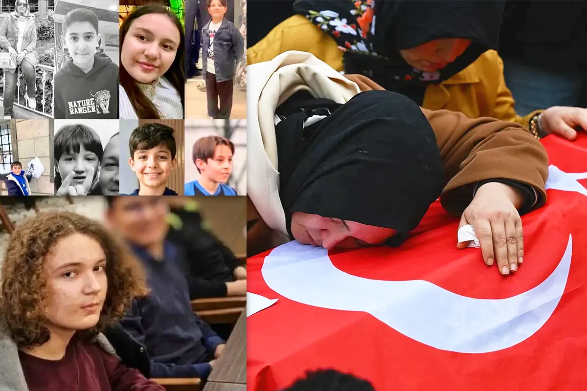 imagen de una madre afligida sobre un ataúd con la bandera turca durante el entierro de una de las víctimas del tiroteo en una escuela; a la izquierda aparecen las imágenes del autor de la masacre (abajo) y de los 8 menores asesinados (arriba)