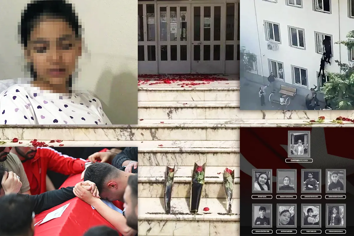 imágenes combinadas de la entrada a la escuela de Turquía que sufrió un tiroteo, las 9 víctimas mortales, una niña superviviente, el funeral por una de las víctimas, y varios alumnos saltando por las ventanas de la escuela