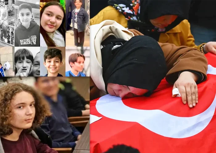 a picture of a grieving mother standing by a coffin draped in the Turkish flag during the funeral of one of the victims of the school shooting; on the left are pictures of the perpetrator of the massacre (below) and of the eight children who were killed (above)