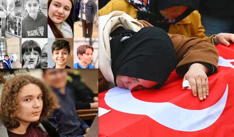 a picture of a grieving mother standing by a coffin draped in the Turkish flag during the funeral of one of the victims of the school shooting; on the left are pictures of the perpetrator of the massacre (below) and of the eight children who were killed (above)