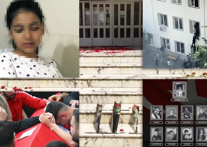 A compilation of images showing the entrance to the school in Turkey where a shooting took place, the nine people killed, a young girl who survived, the funeral of one of the victims, and several pupils jumping out of the school windows