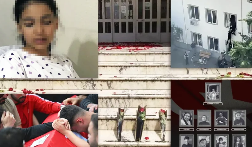 A compilation of images showing the entrance to the school in Turkey where a shooting took place, the nine people killed, a young girl who survived, the funeral of one of the victims, and several pupils jumping out of the school windows
